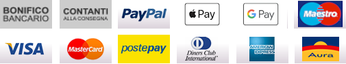 Apple Pay Amex Diners Carta di Cradito Bancomat PayPal Bonifico Postepay Contrassegno Contanti Visa MasterCard Maestro Aura